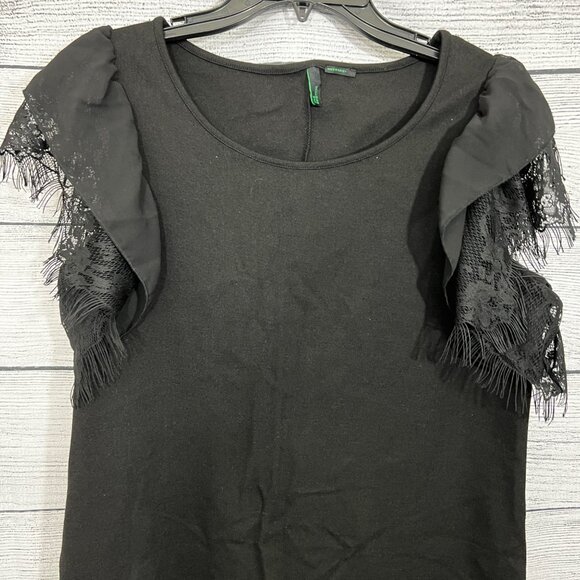Benetton Black Dress With Lace Fringe Sleeves & Ruffle Detail, Size Medium - Picture 3 of 4